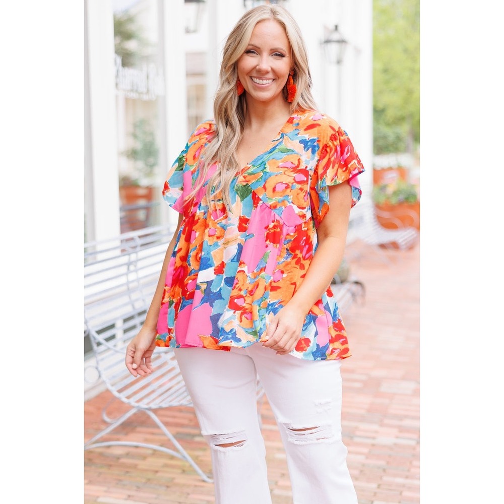 Chic‎ soul abstract watercolor bright floral print babydoll top 1X